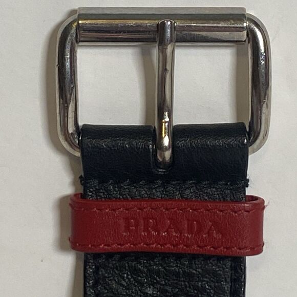 Prada Black Tessuto Woven Belt Leather Trim Red Loop Silver Buckle Made In Italy - Picture 4 of 16